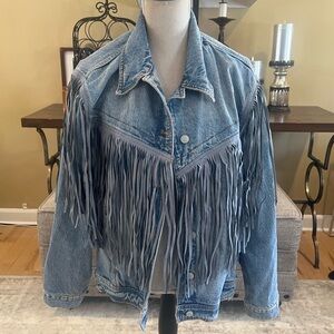 Free People Light Blue Fringe Denim Jean Jacket